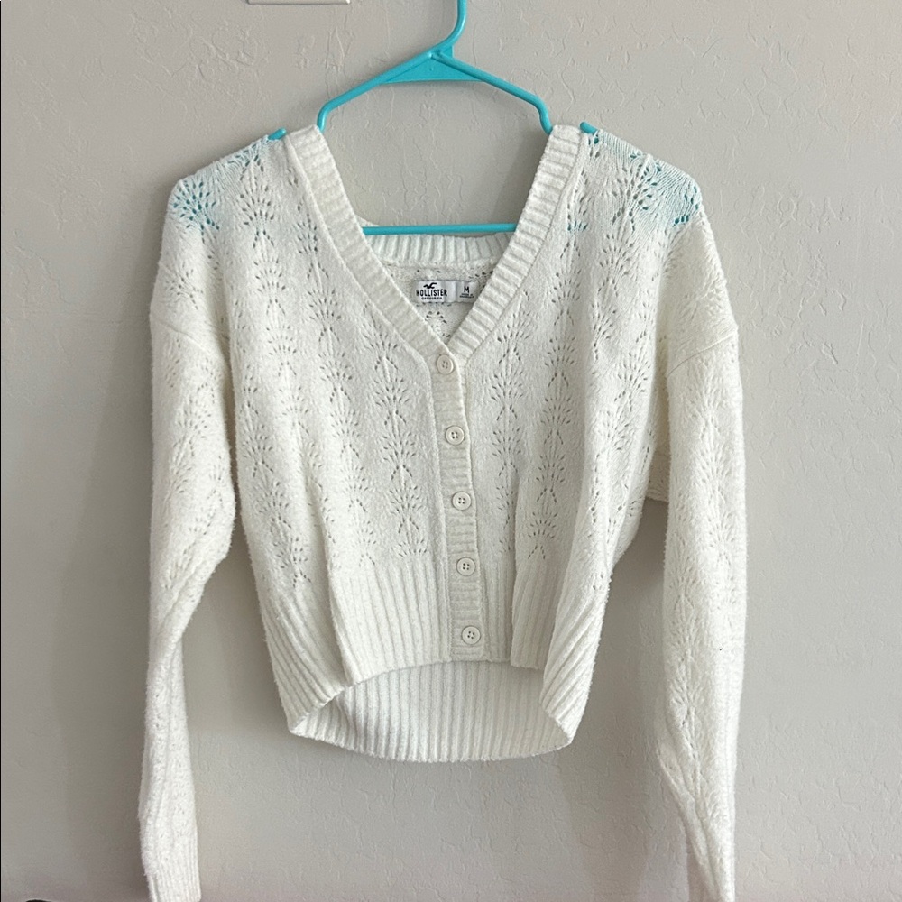 Hollister White Cardigan Sweater with Cable Knit
